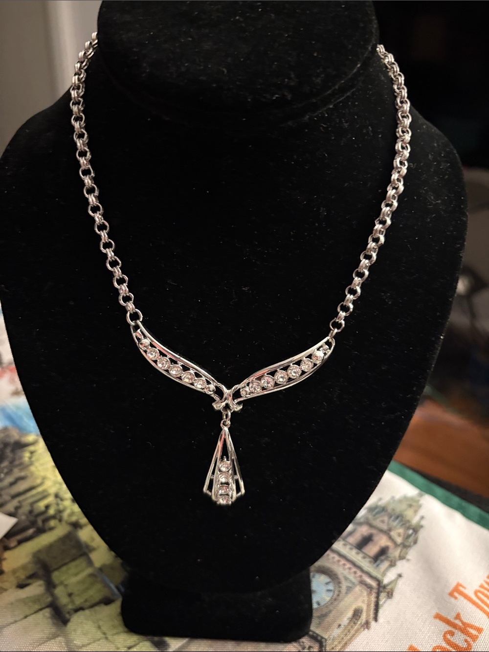 Vintage Silver Tone Crystal Pendant Necklace 
From 1950 s